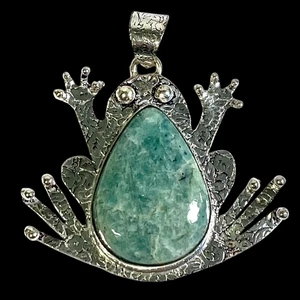 Amazonite Gemstone  925 Silver Stamped Frog Pendant  Handmade 15.6 gm  2.08" - Picture 1 of 10