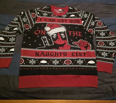 Suéter Feo Ligero Marvel Deadpool "Naughty List" Talla XL Negro/Rojo. Foto 1 de 4