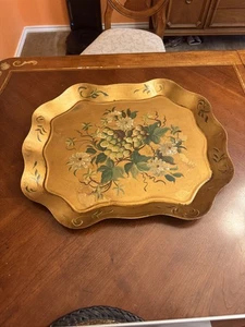 Großes Vintage Gold Tole Tablett mit Floral Center Design handbemalt 21" x 17,5" - Bild 1 von 14