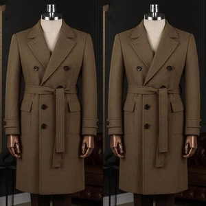 Zweireiher Herren Mantel mit Gürtel 100% Kaschmir Longjacke Wear Coat - Bild 1 von 11
