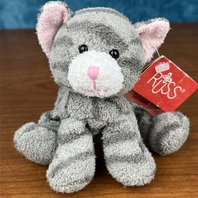 Russ Berrie Cat Luv Pets Gray Stripe Tabbies 5" Beans Terrycloth Plush -With Tag - Image 1 of 4