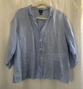 EILEEN FISHER Irish Linen Buttoned 3/4 Sleeve Blouse Light Blue Sz 1X - Picture 1 of 10