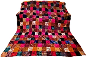Velvet Patchwork Quilt Bedspread Queen 93 x 120 Vintage 70's Hippie UnFinished - Picture 1 of 20