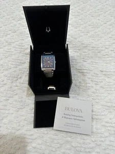 Bulova Mens Watch Blue Rectangle Analogue Face Stainless Steel Silver Band - Imagen 1 de 14