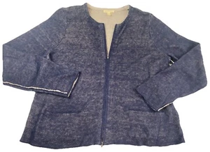 EILEEN FISHER Blue Organic Linen Full Zip Cardigan Sweater Pockets Lined Large - Picture 1 of 12