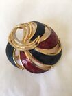 Vintage Modernist Gold Tone Brooch With Red & Black Inlay
