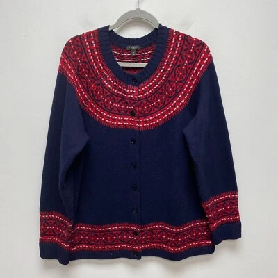 Talbots Womens Blue Red Fair Isle Lambswool Blend Knit Button Front Cardigan 1X - Image 1 of 4