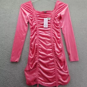 Mini Dress Ladies Bodycon Short Sexy Long Sleeve Ruched Velvet Wild Fable Pink S - Picture 1 of 12