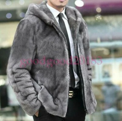 Warm Winter Mens Hoodie Faux Mink Fur Outwear Coats Parka Furry Hooded Jacket - Image 1 of 4