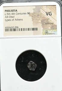 Gaza Philistia. Silver Obol, 500-400 B.C. Imitating Athens, NGC VG. Very Rare - Picture 1 of 2