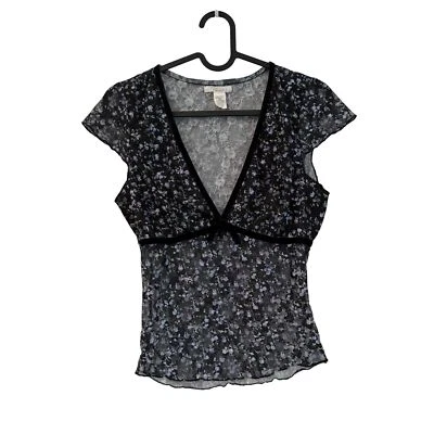 Full Tilt Black Floral Whimsigoth Fairy Grunge Mesh Vneck Babydoll Top Medium  - Image 1 of 4