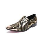 Men Shoes Metal Pointed Toe Block Heel Business Formal Dress Zebra-Stripe Gold