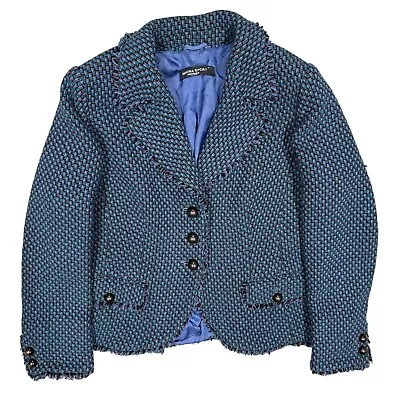 $650 Marina Rinaldi Sport Tweed Blazer Jacket Made in Italy Blue Wool 23 Medium - Imagem 1 de 4