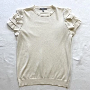 $225 Neiman Marcus Cashmere Ivory Crewneck Short-Sleeve Ruffle-Shoulder Top sz L - Picture 1 of 5