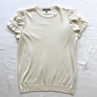$225 Neiman Marcus Cashmere Ivory Crewneck Short-Sleeve Ruffle-Shoulder Top sz L - Image 1 of 4