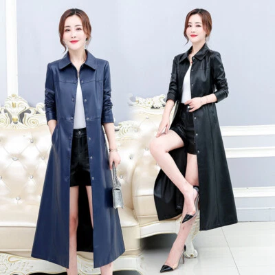 Spring Women's PU Leather Windbreaker Jacket Long Ladies Leather Trench Coat - Image 1 of 4