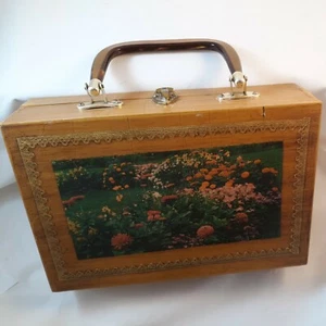 Decopaged Wood Purse with Lucite Handle & Brass Hardware 1960's-1970's - Picture 1 of 5