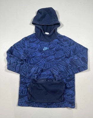 Nike Hoodie Youth Large Blue All Over Logo Print Pullover Fanny Pocket - Image 1 of 4