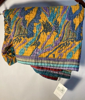 NWT Quilt Handmade Boho Indian Silk Blend Sari Scarf Orange Upcycled Art Blanket - Image 1 of 4