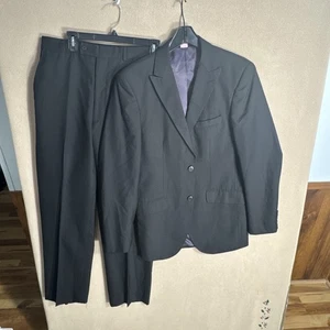 JF J. FERRAR 38L Black Textured Striped 2 Piece SUIT 32X31 Peak Lapel Poly 2 BTN - Picture 1 of 19