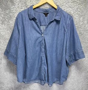 J.Crew Womens 3X Chambray Short Sleeve Button Up Shirt Blue V-Neck Preppy - Picture 1 of 8