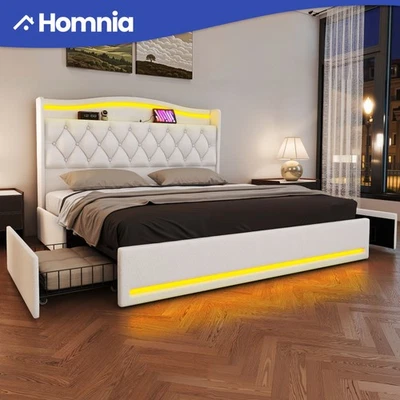 Marco de cama plataforma tapizado tamaño king con luces LED cajones de almacenamiento puertos USB Foto 1 de 4