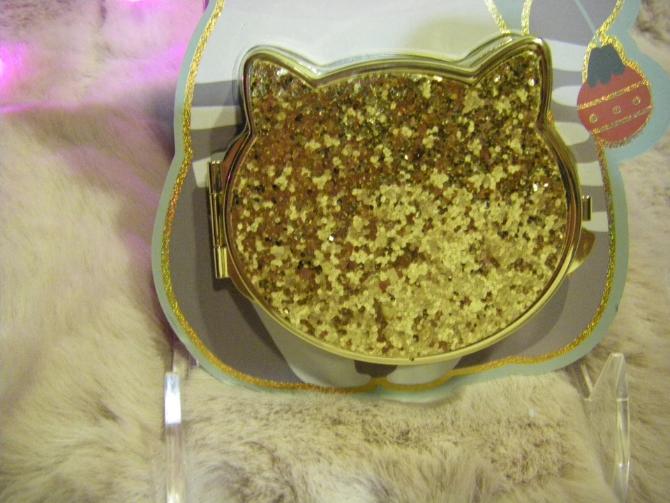 Gold Glitter Kitty Face Foldable Compact Mirror Two/Side  New Packaged - Image 1 of 4
