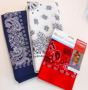 3 NWOT Bandana Scarves Fashion Colors White- and Traditional Red & Navy - Picture 1 of 3