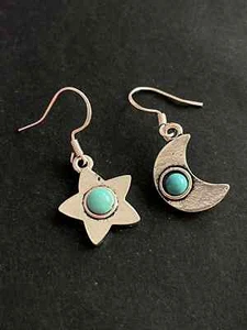 Celestial Moon and Star Turquoise Gemstone Drop Dangle Earrings sterling silver - Picture 1 of 6