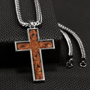 Twister Western Gioielli Da Uomo Collana In pelle Intarsio Croce 32104 - Foto 1 di 1