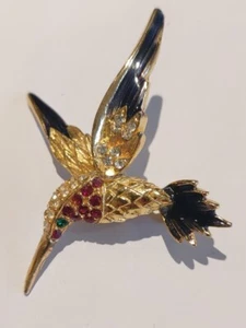 Vintage Hummingbird Brooch Blue Enamel Red Green Rhinestone Sphinx 9997 Goldtone - Picture 1 of 9