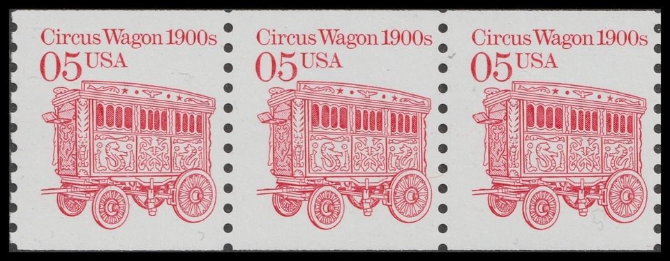 US 2452 Transportation Circus Wagon 1890s 5c coil strip 3 MNH 1990 - Image 1 of 1