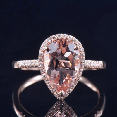 Natural Diamond Pear Pink Morganite Engagement Bridal Ring Solid 14k Rose Gold - Image 1 of 4
