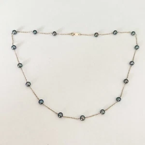 Collana stazione in oro giallo 10 kt con perle nere originali 18" - Foto 1 di 10