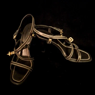 Prada Women Sandals 37.5 US 7 Black Leather Strappy Slingback Heels White Stitch - Image 1 of 4