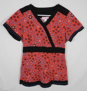 Women's Koi Floral Medical Scrub Top, Medium, Fitted. Red, White, Blue. 147PR. - Picture 1 of 16