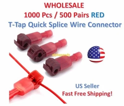 1000pc Insulated 22-18 AWG T-Taps Quick Splice Wire Terminal Connectors Kit RED - Image 1 of 4