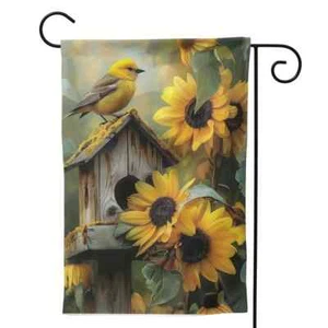 *NEU* SCHÖNER LEBENDIGER GOLDFINK ~ SONNENBLUMEN ~ VOGELHAUS ~ GARTENFAHNE ~ 12X18 - Bild 1 von 1
