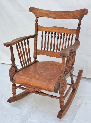 Antique American Tiger Oak Rocker / Rocking Chair with Curved Back Cover