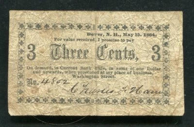1864 3 THREE CENTS DOVER, NEW HAMPSHIRE OBSOLETE SCRIP NOTE - Image 1 of 2