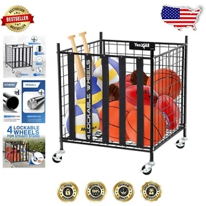 Sports Equipment Organizer - Rolling Basket Cart with Wheels and Elastic Bands - Picture 1 of 10