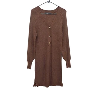 Brown Ribbed Knit Sweater Dress L Button Front Cozy Minimalist Layer Longline - Picture 1 of 7