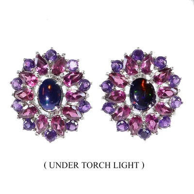 925 Sterling Silver Earrings Black Opal Amethyst Natural Gemstone Jewelry - Image 1 of 4