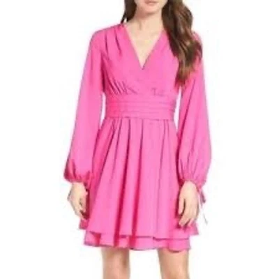 Vestido Eliza J Rosa Fucsia Cuello en V Mangas Largas Campesinas Puño Corbata Ajuste y Acampanado Talla 6 Foto 1 de 4