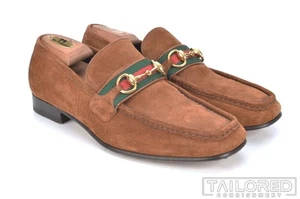 Scarpe eleganti mocassino Gucci marrone scamosciato da uomo verde rosso oro bit - UK 8 / US 9 - Foto 1 di 10