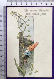 Künstlerkarte Glückwunsch Neujahr Zwerg beschneidet Kletterpflanze Litho - Bild 1 von 2