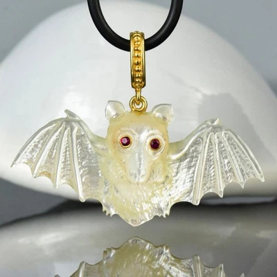 Carved White Mother-of-Pearl Bat Pendant Ruby Gold Vermeil Sterling Silver 5.99g - Image 1 of 4