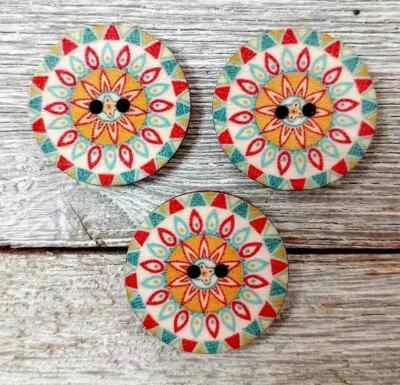 boho flowers wood sewing buttons 2 holes 1 inch peach (set #1314) 3pc new - Image 1 of 2