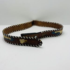 Vintage Hecho En Mexico Brown Hand Made Stamped Genuine Leather Belt 34”