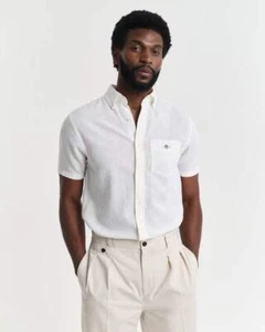 GANT Mens Regular Fit Cotton Linen Short Sleeve Shirt with Embroidered Shield - Picture 1 of 18